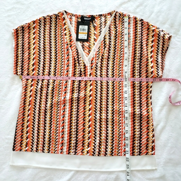 DKNY Short Sleeve Patterned Top with Chiffon Trim - Picture 13 of 13